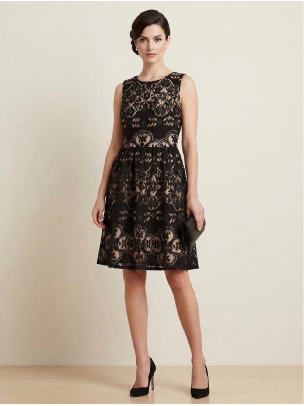 Tommy Hilfiger Black and Beige Lace Midi Dress, Size 14